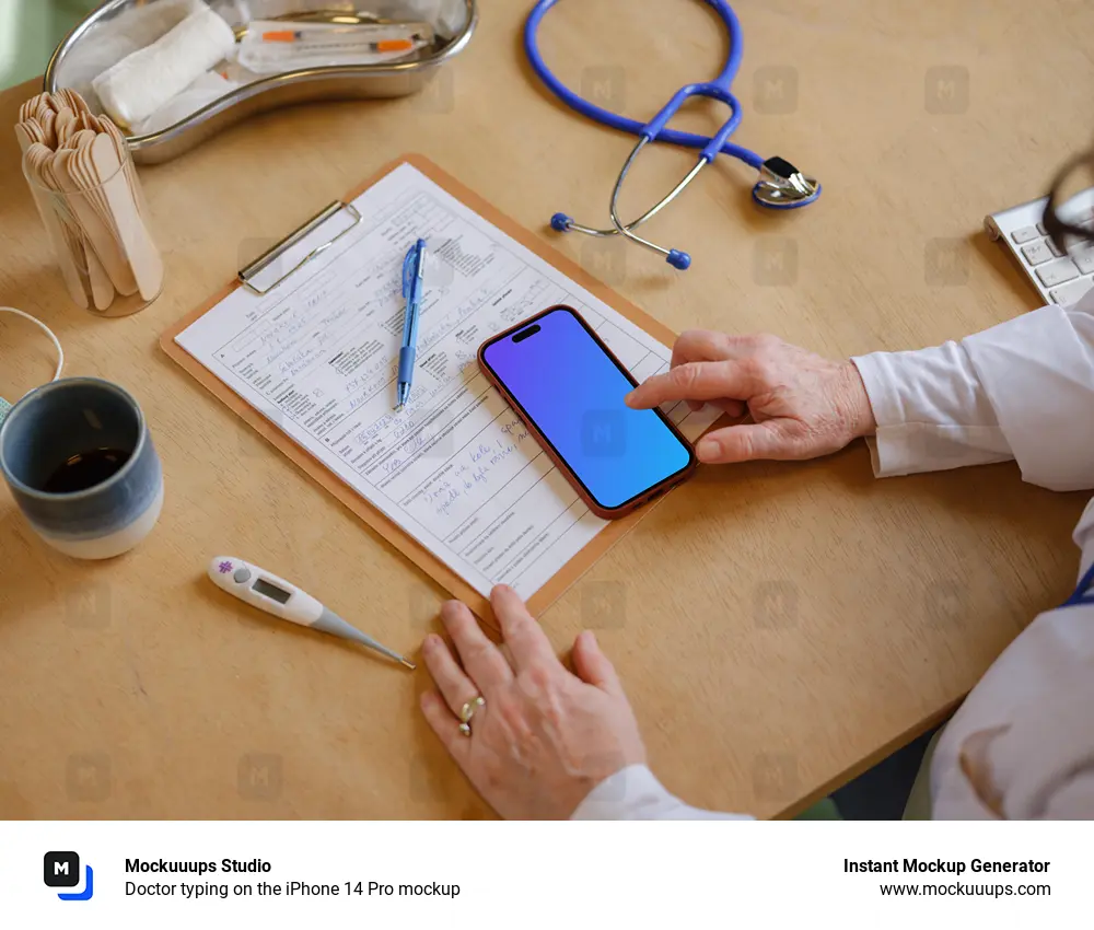 Doctor typing on the iPhone 14 Pro mockup