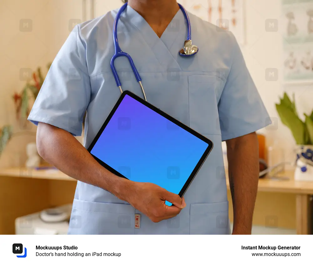 Doctor’s hand holding an iPad mockup