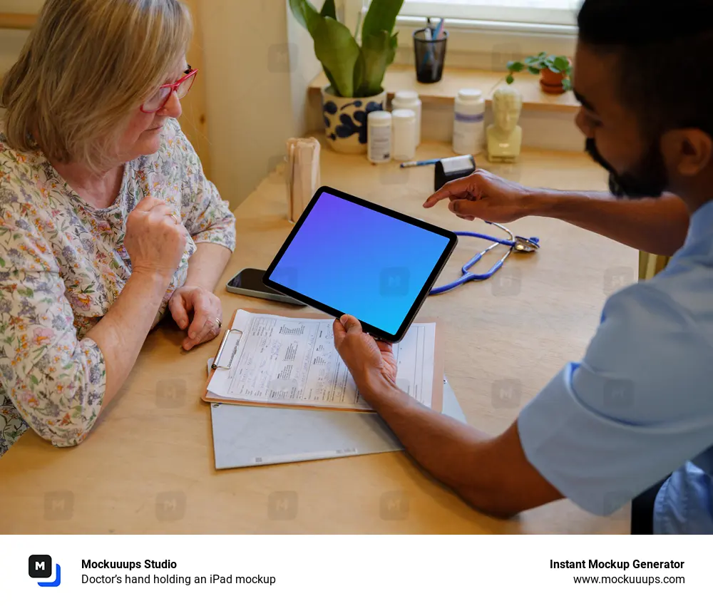 Doctor’s hand holding an iPad mockup