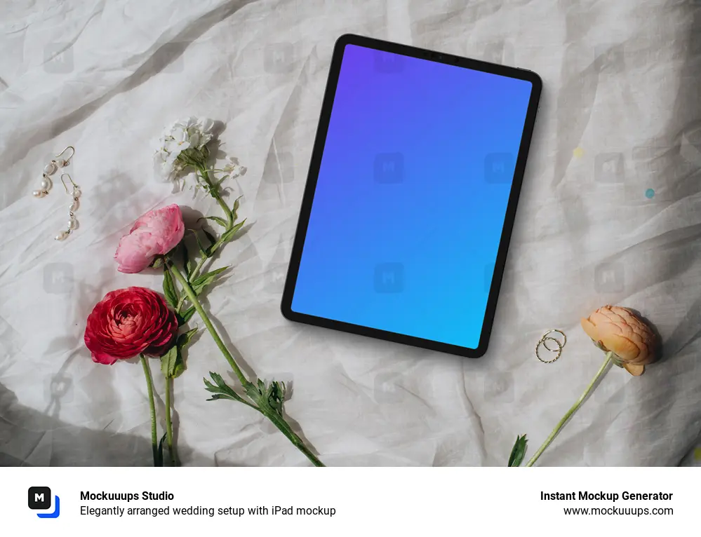 Elegantly arranged wedding setup with iPad mockup