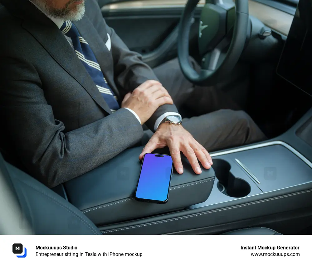 Entrepreneur sitting in Tesla with iPhone mockup