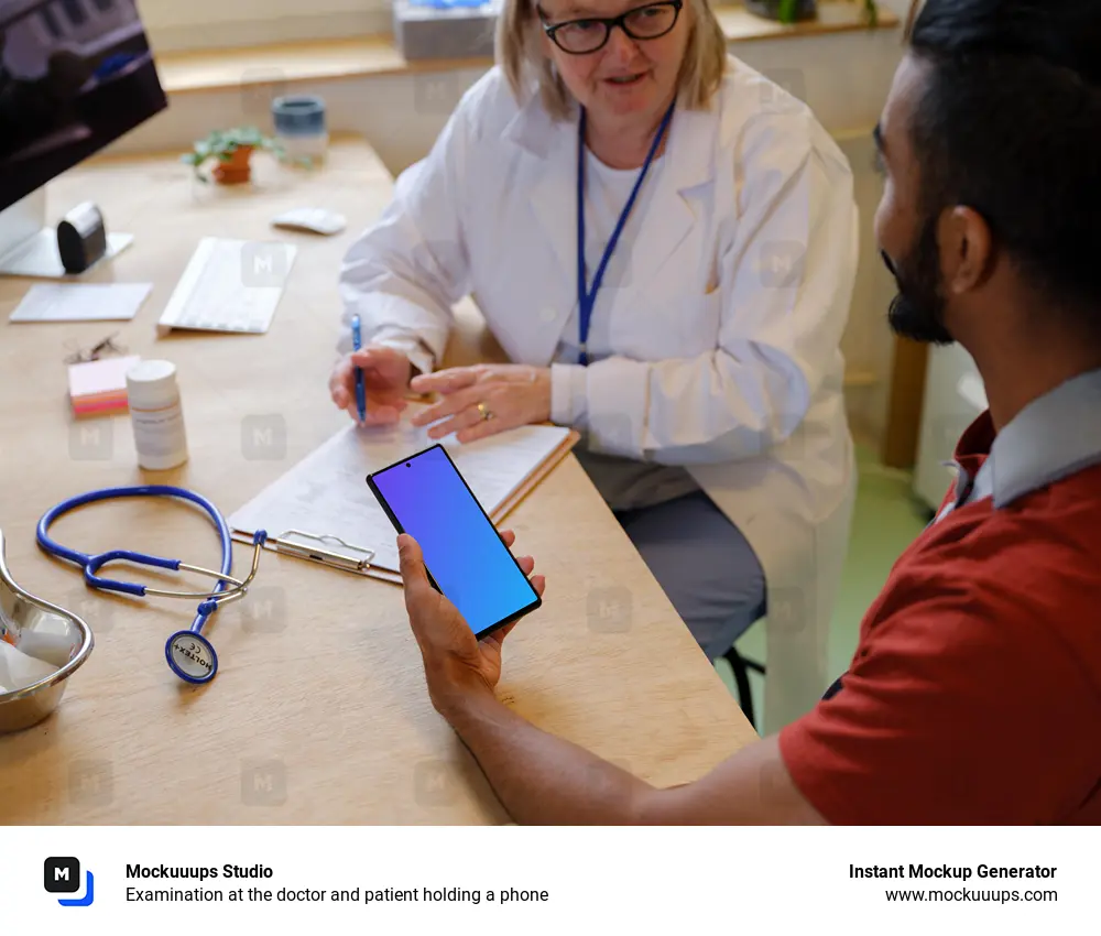 Examination at the doctor and patient holding a phone