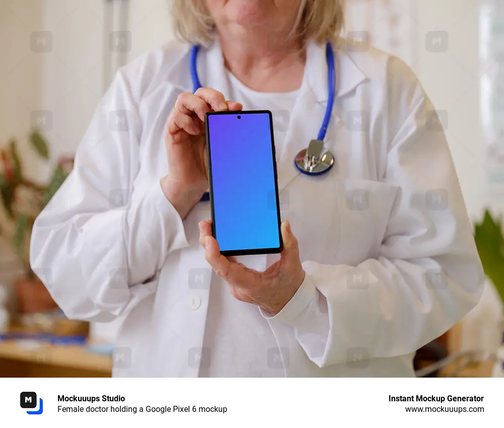 Female doctor holding a Google Pixel 6 mockup