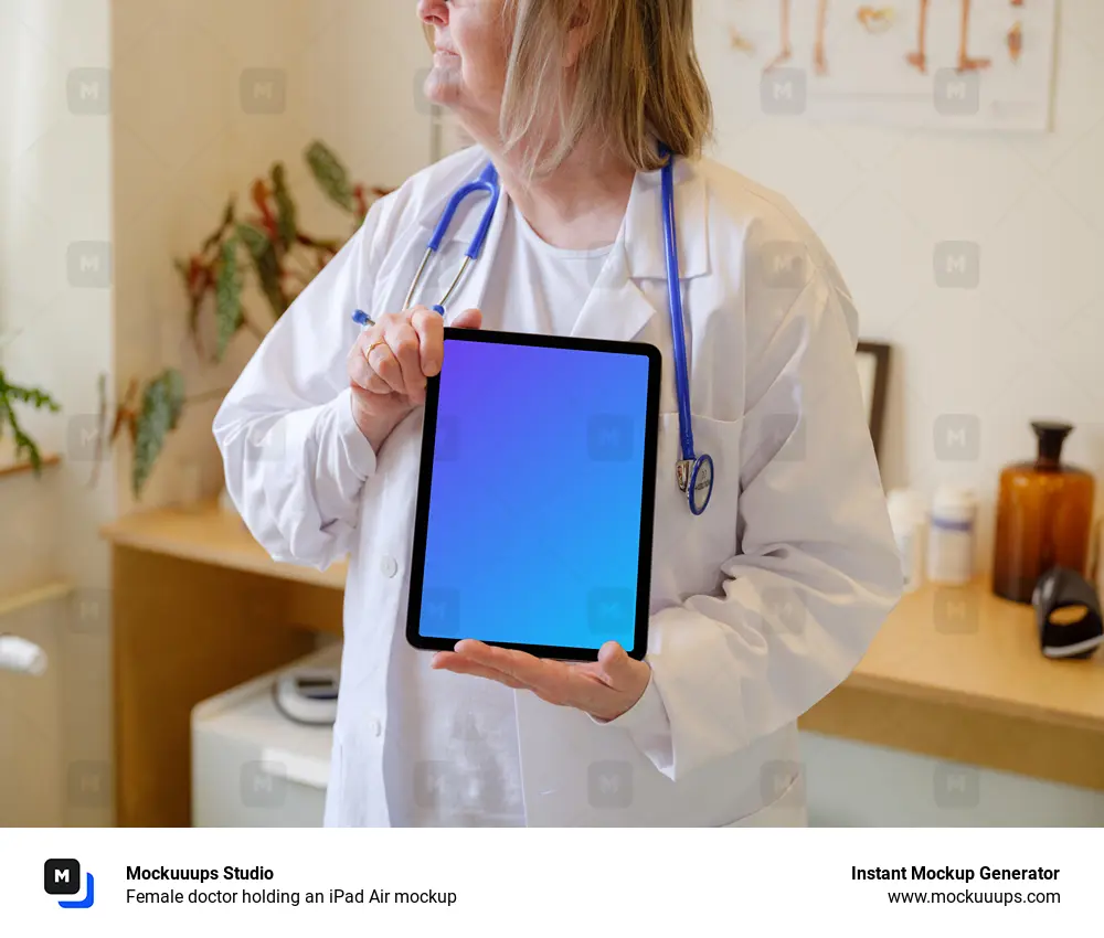 Female doctor holding an iPad Air mockup