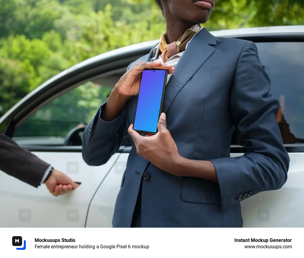 Female entrepreneur holding a Google Pixel 6 mockup