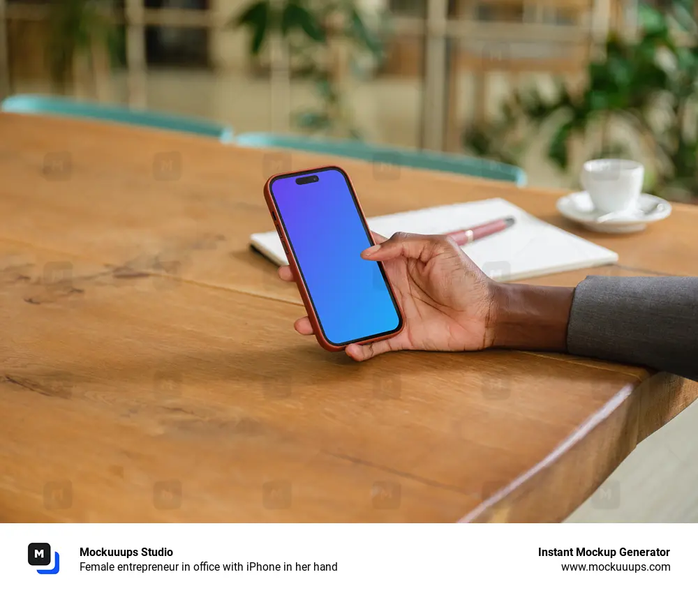 Female entrepreneur in office with iPhone in her hand