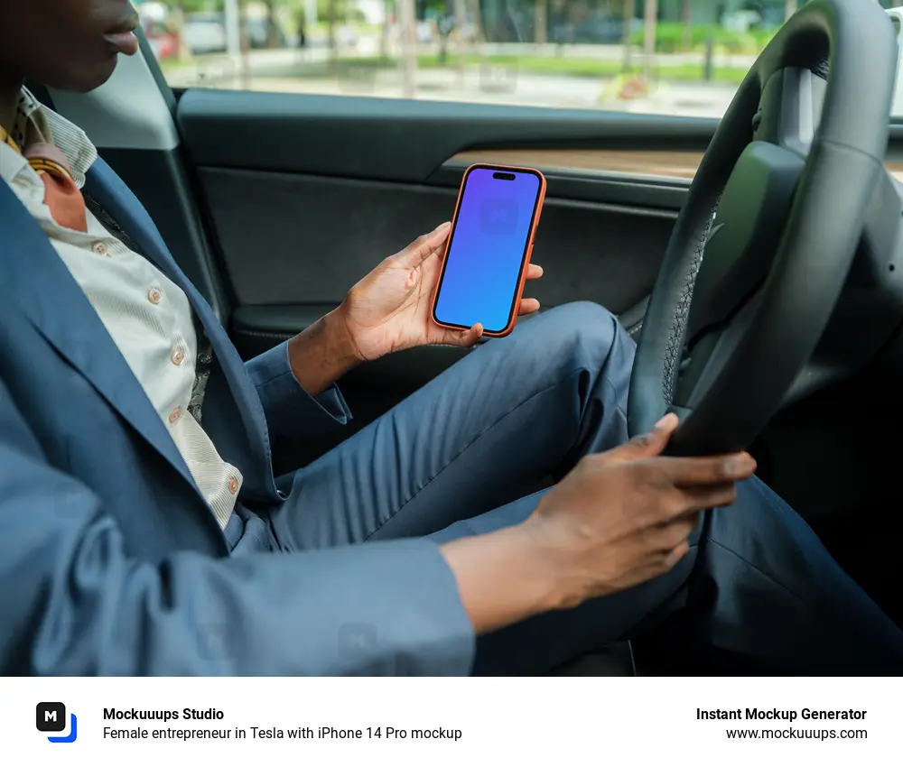 Female entrepreneur in Tesla with iPhone 14 Pro mockup