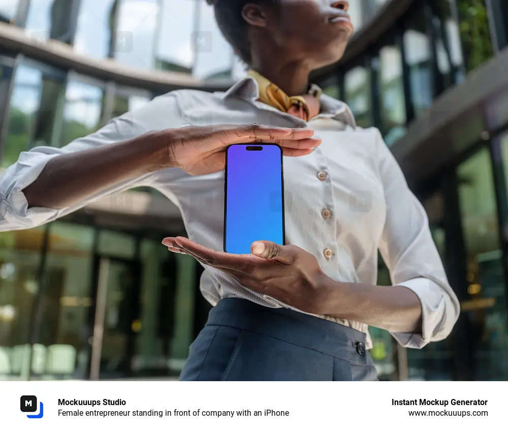 Female entrepreneur standing in front of company with an iPhone