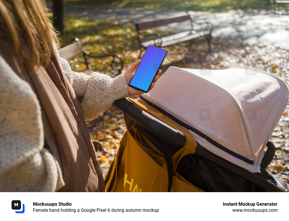 Female hand holding a Google Pixel 6 during autumn mockup