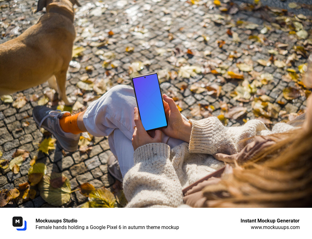 Female hands holding a Google Pixel 6 in autumn theme mockup