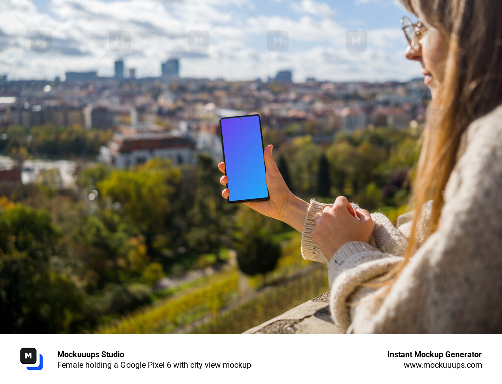 Female holding a Google Pixel 6 with city view mockup
