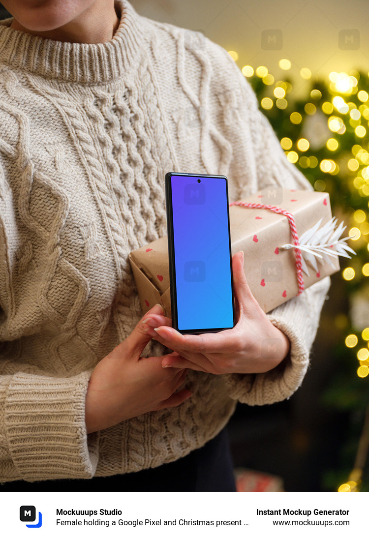 Female holding a Google Pixel and Christmas present mockup