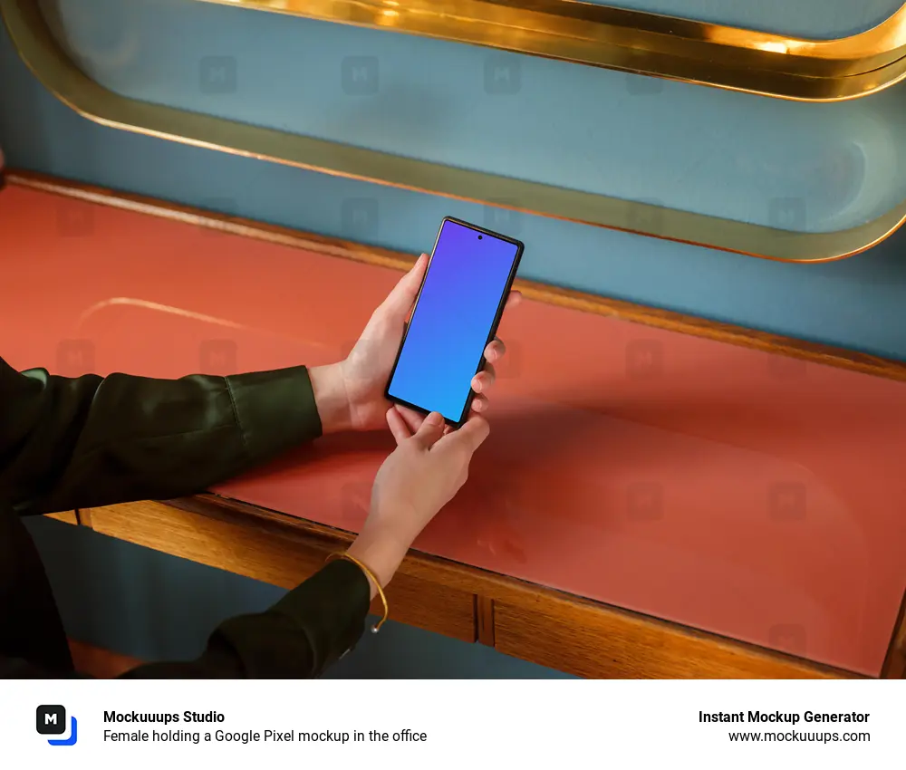 Female holding a Google Pixel mockup in the office