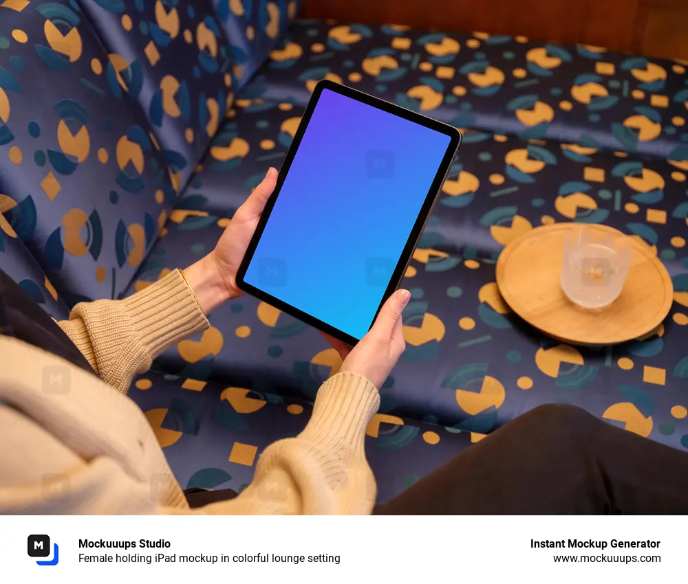Female holding iPad mockup in colorful lounge setting