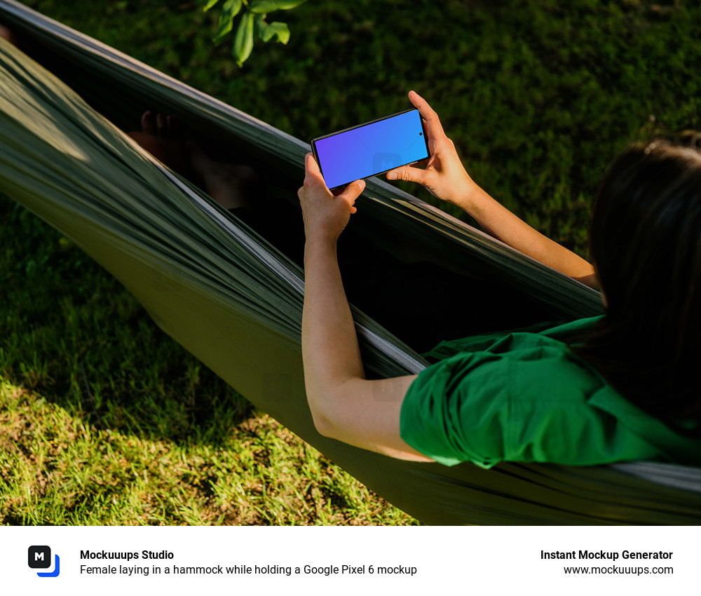 Female laying in a hammock while holding a Google Pixel 6 mockup