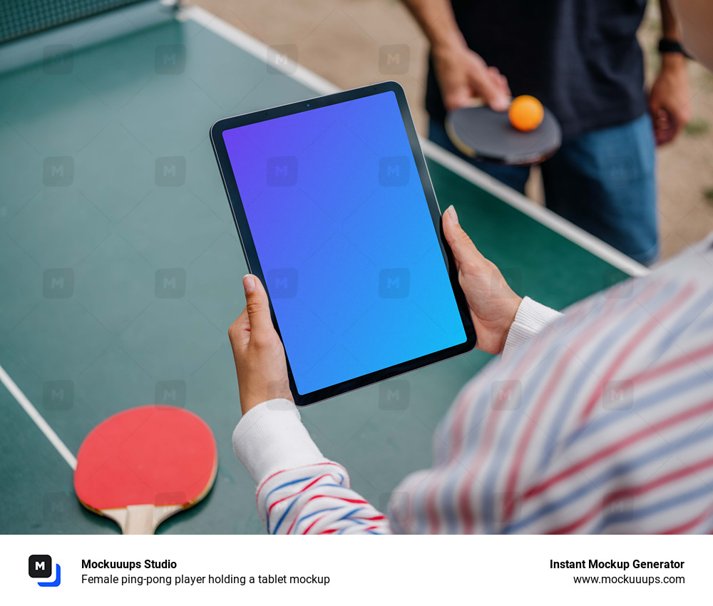 Female ping-pong player holding a tablet mockup