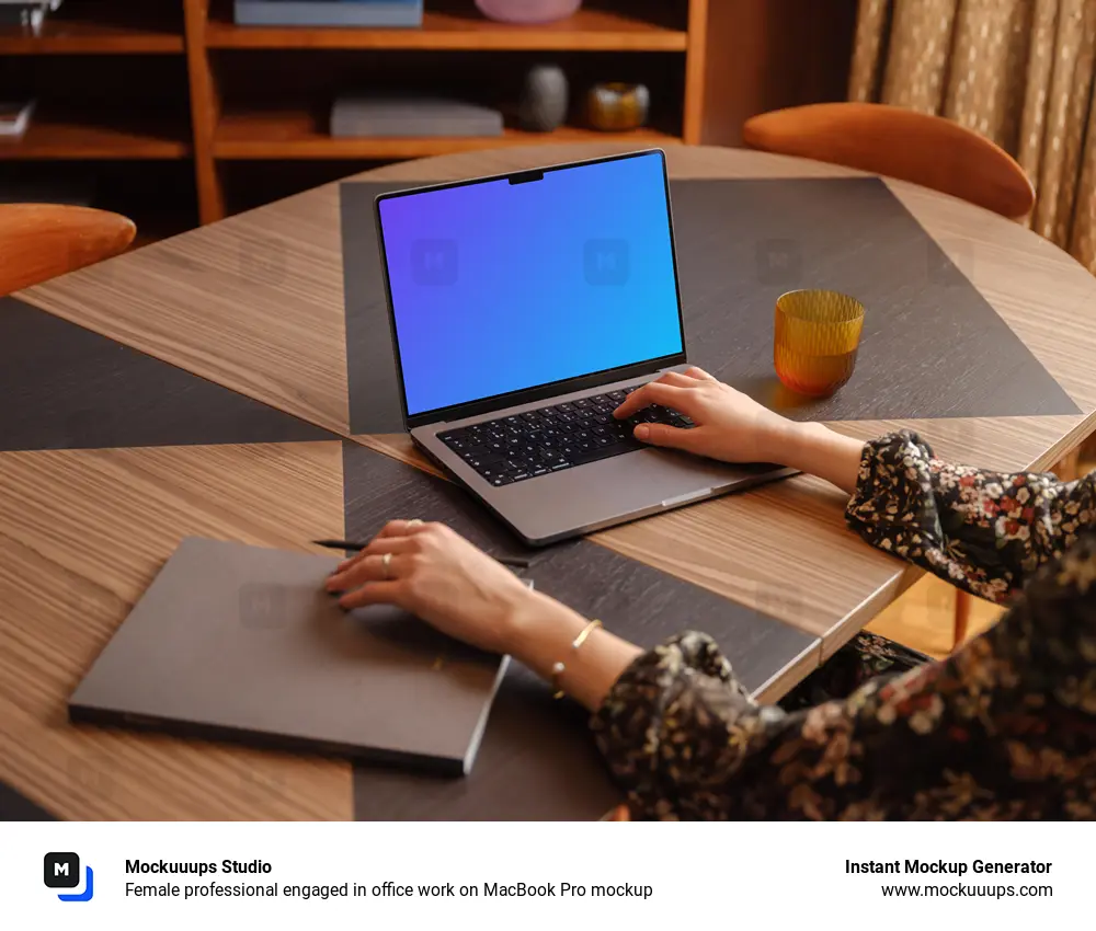 Female professional engaged in office work on MacBook Pro mockup