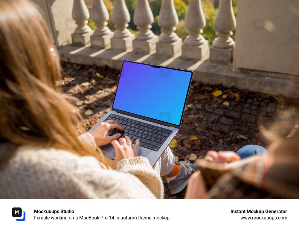 Female working on a MacBook Pro 14 in autumn theme mockup