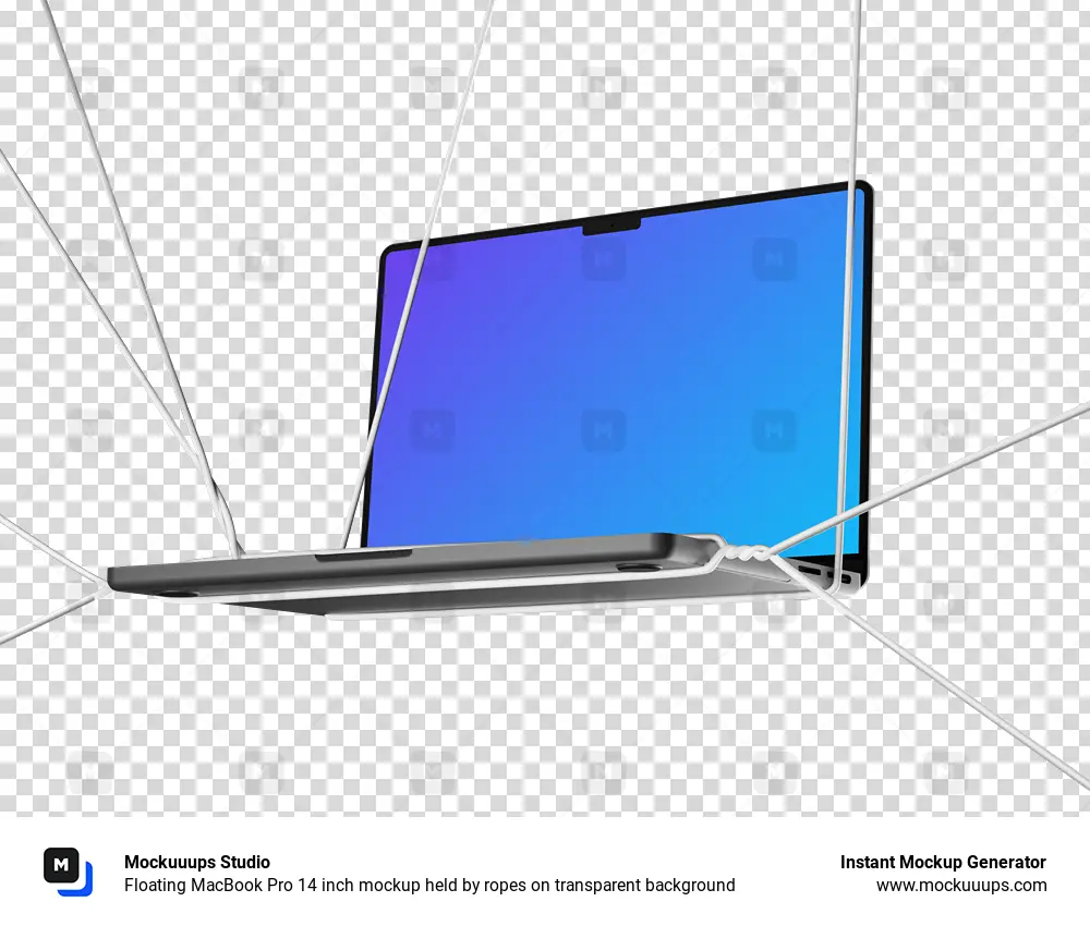 Floating MacBook Pro 14 inch mockup held by ropes on transparent background