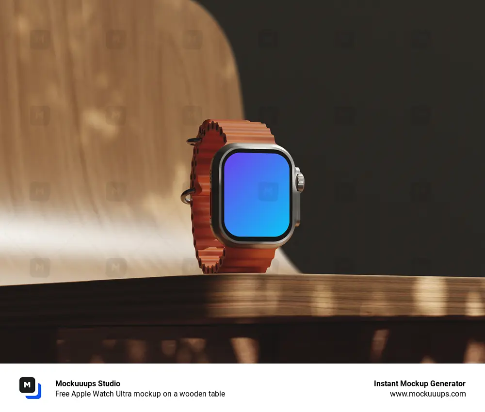 Free Apple Watch Ultra mockup on a wooden table