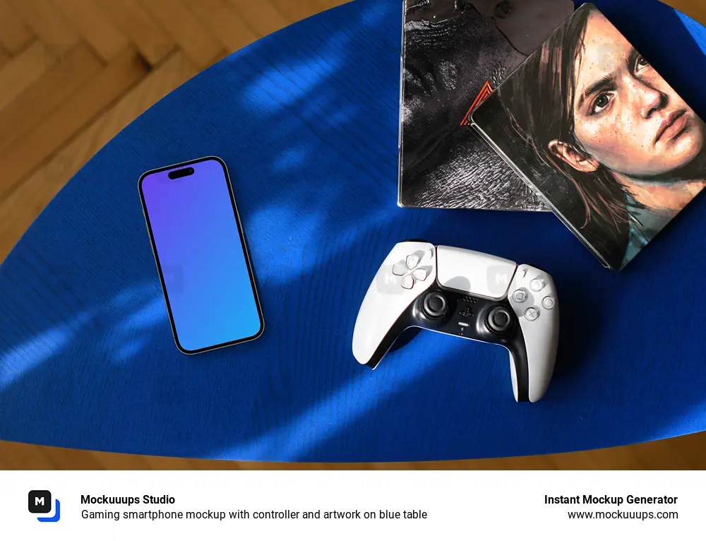 Gaming smartphone mockup with controller and artwork on blue table