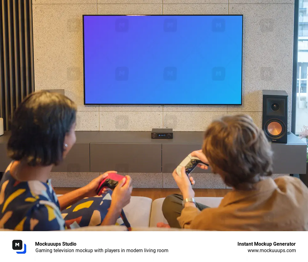 Gaming television mockup with players in modern living room