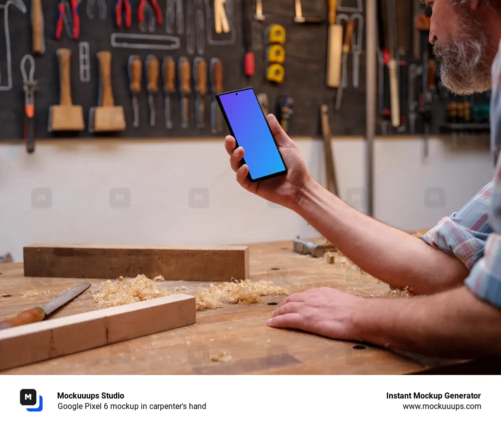 Google Pixel 6 mockup in carpenter's hand