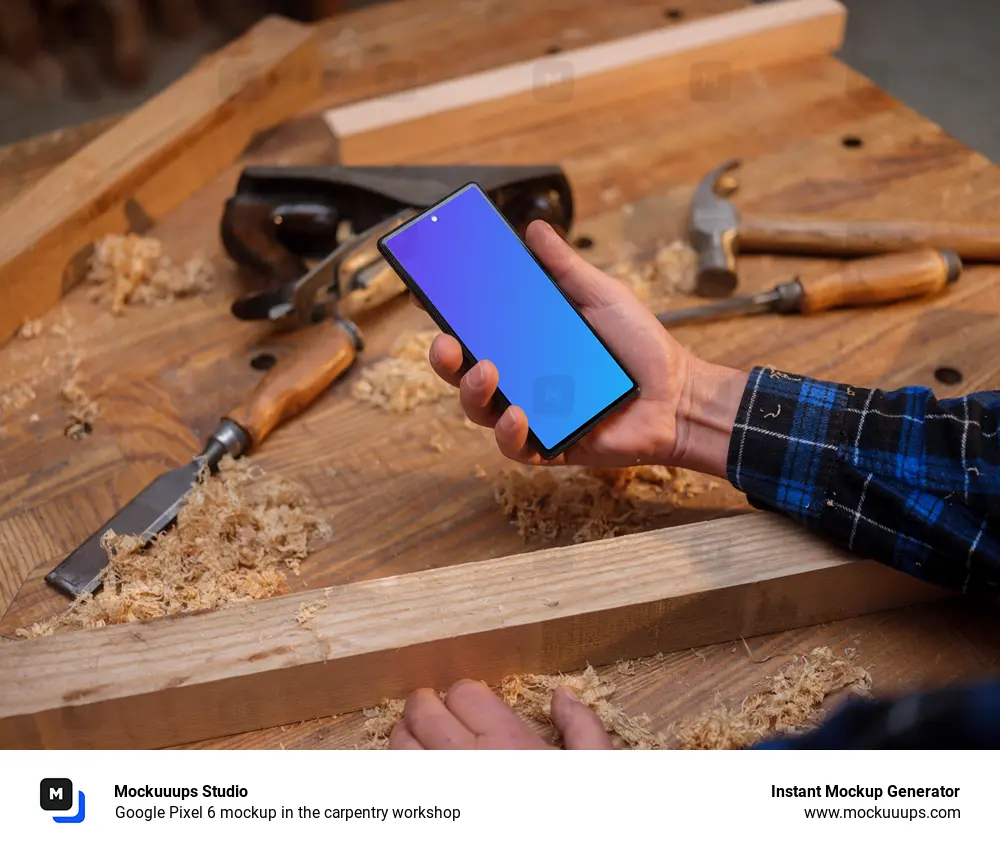 Google Pixel 6 mockup in the carpentry workshop