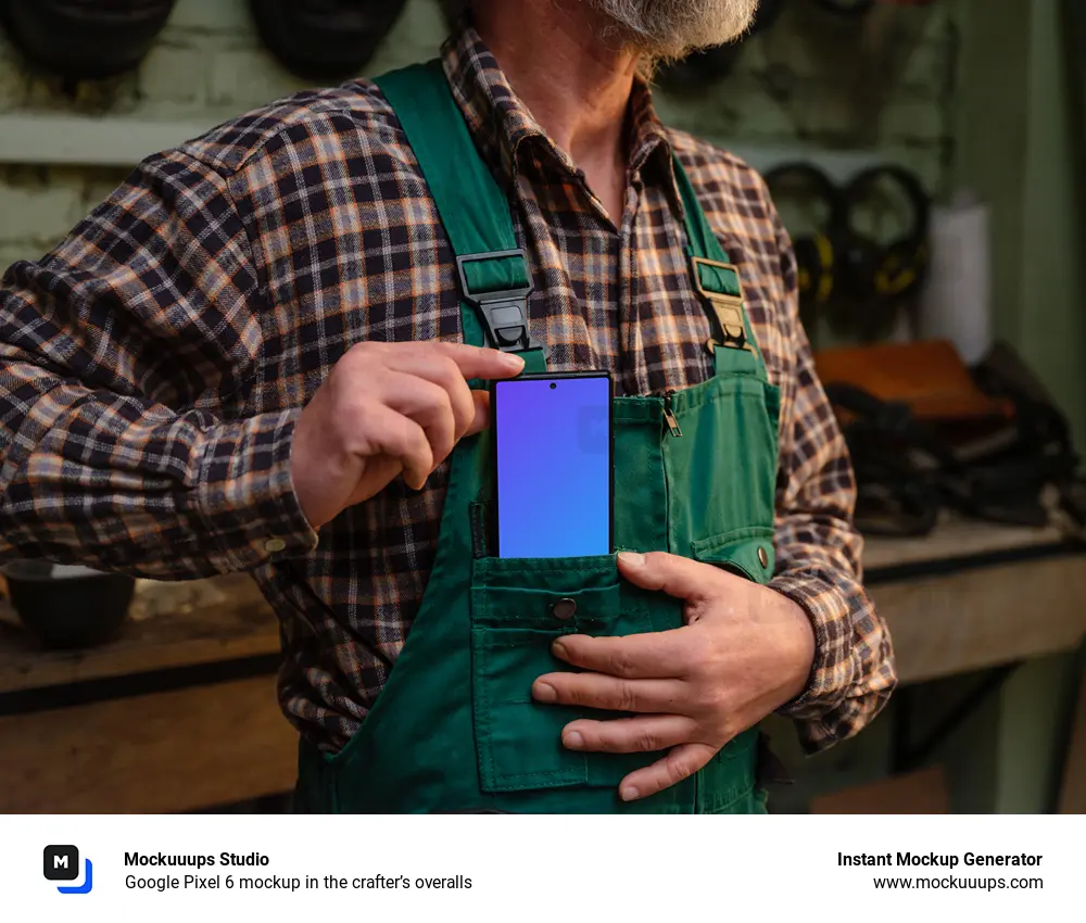 Google Pixel 6 mockup in the crafter’s overalls