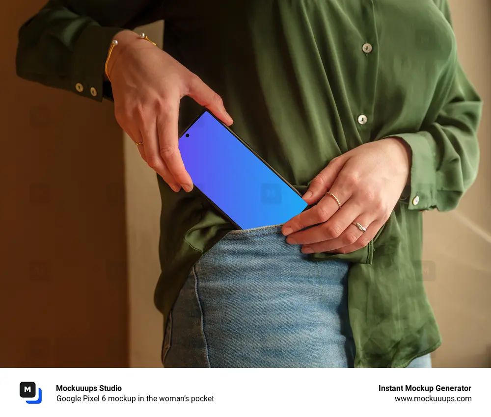 Google Pixel 6 mockup in the woman’s pocket