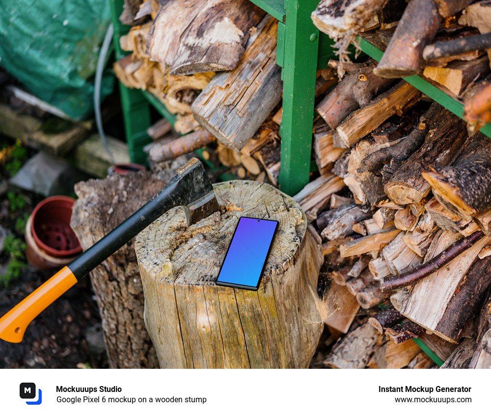 Google Pixel 6 mockup on a wooden stump