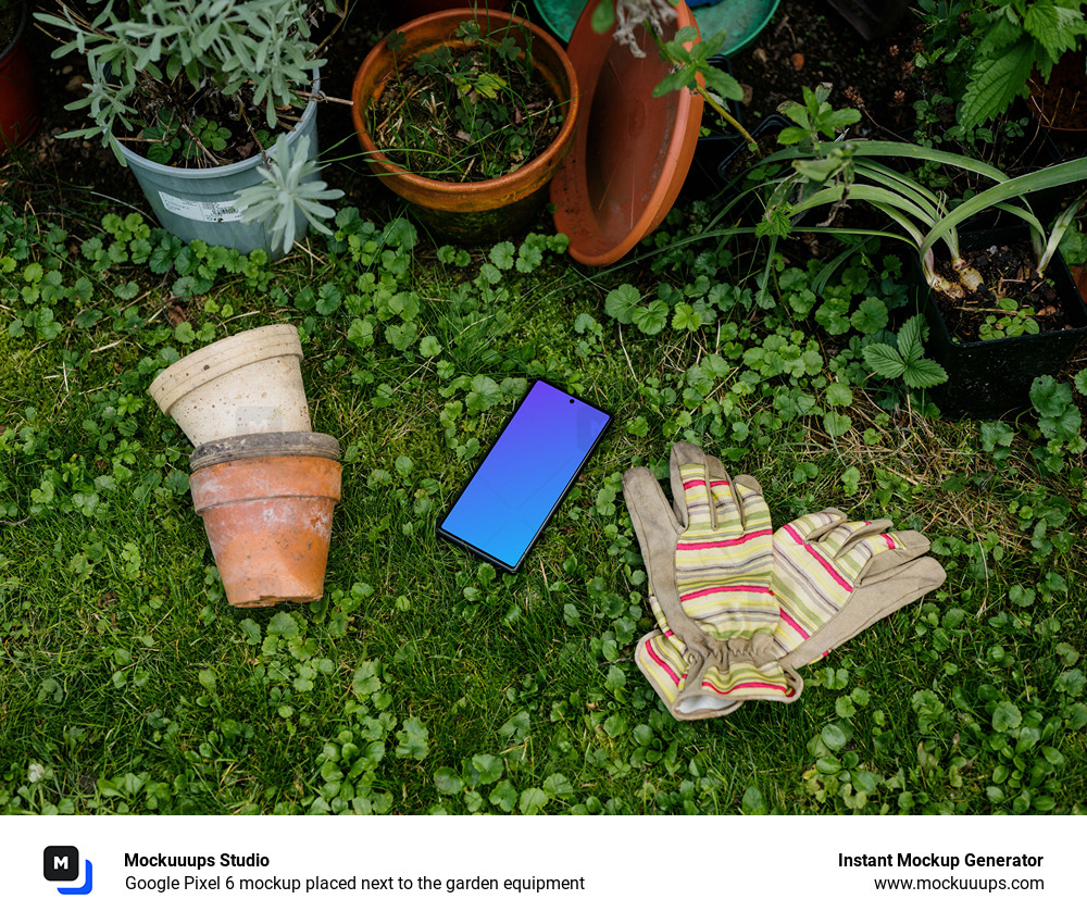 Google Pixel 6 mockup placed next to the garden equipment