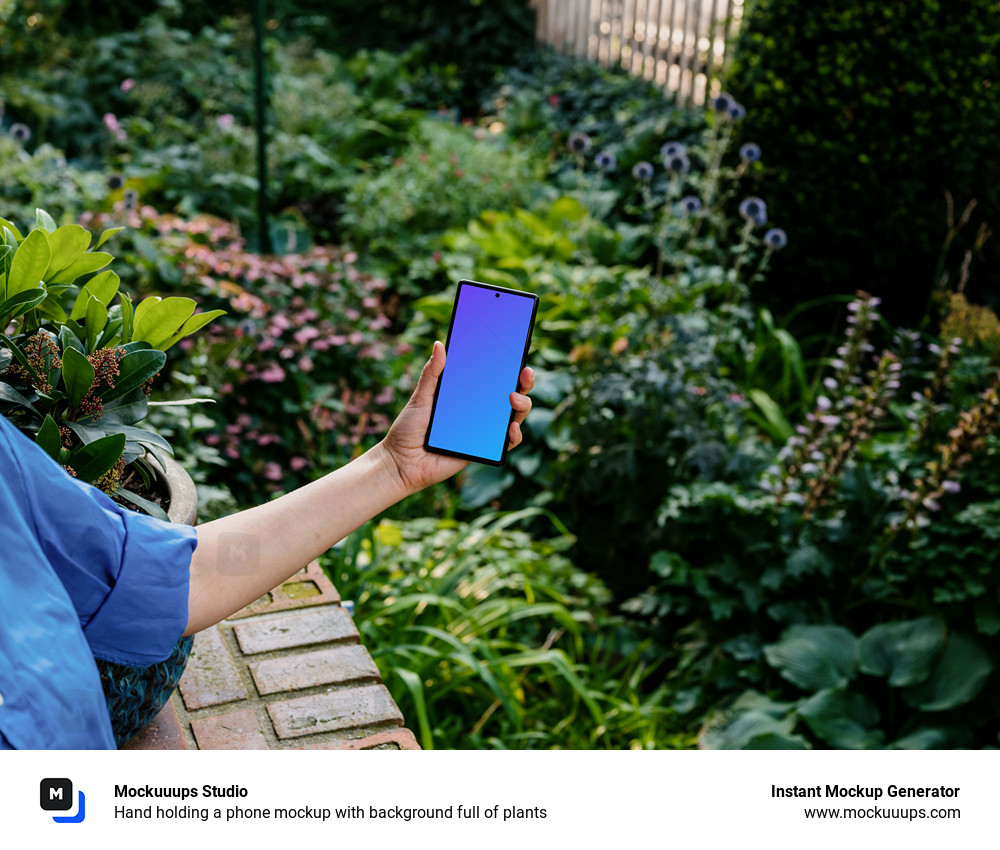 Hand holding a phone mockup with background full of plants
