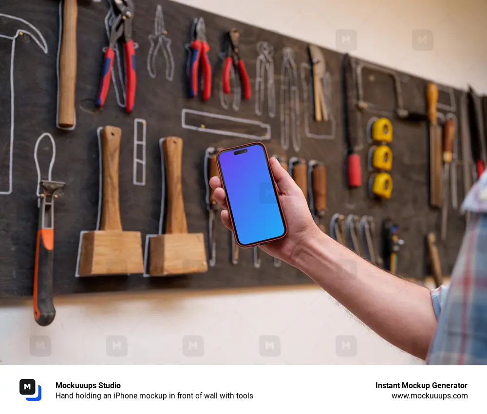 Hand holding an iPhone mockup in front of wall with tools