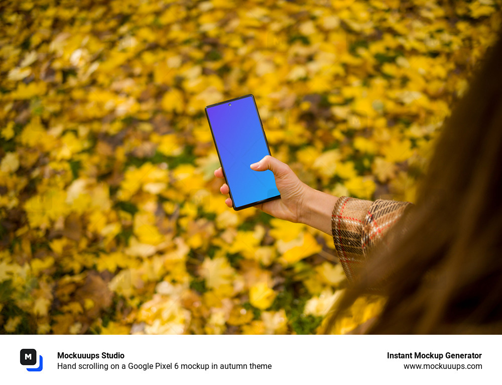 Hand scrolling on a Google Pixel 6 mockup in autumn theme