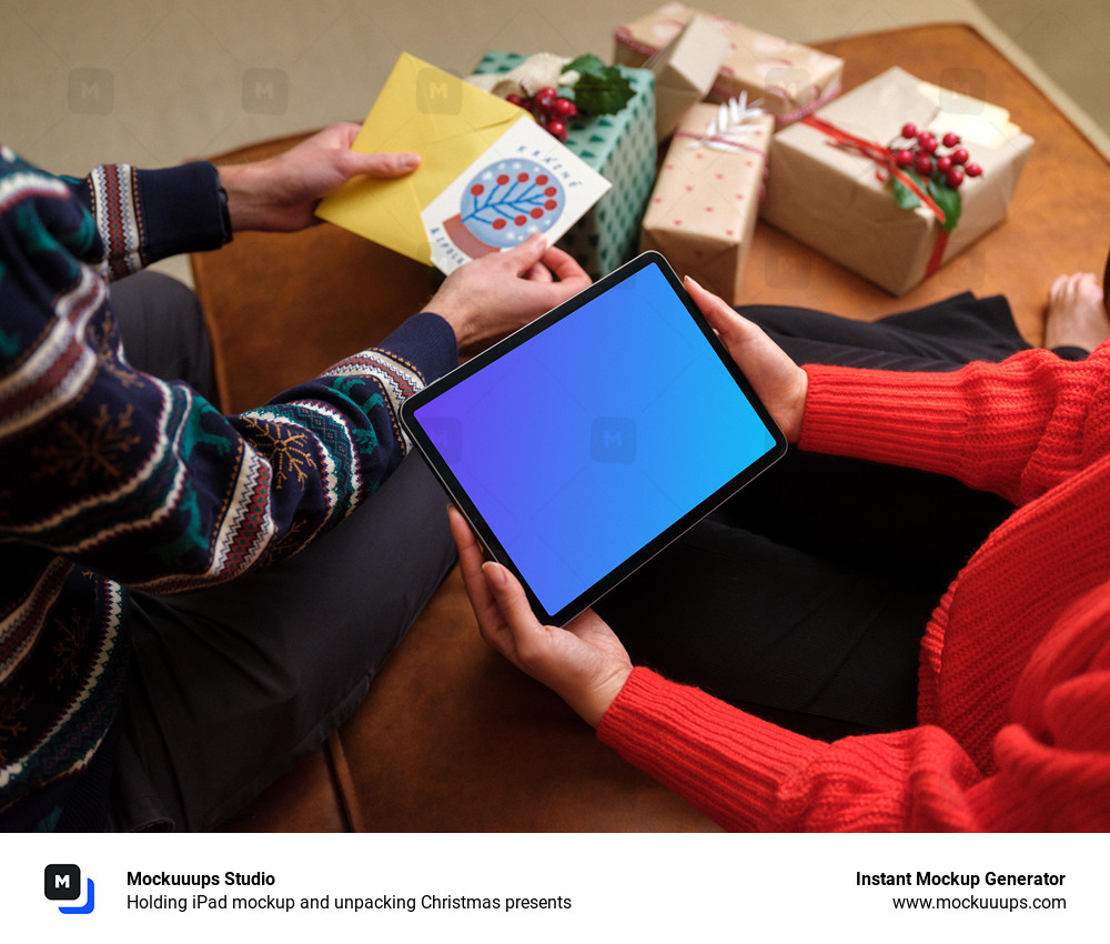 Holding iPad mockup and unpacking Christmas presents