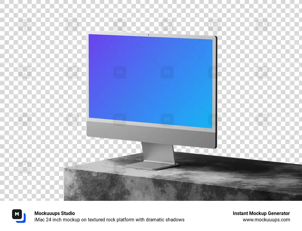 iMac 24 inch mockup on textured rock platform with dramatic shadows