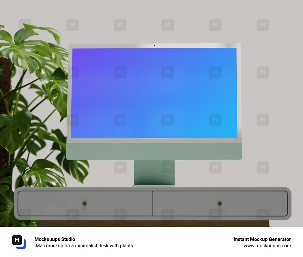 iMac mockup on a minimalist desk with plants