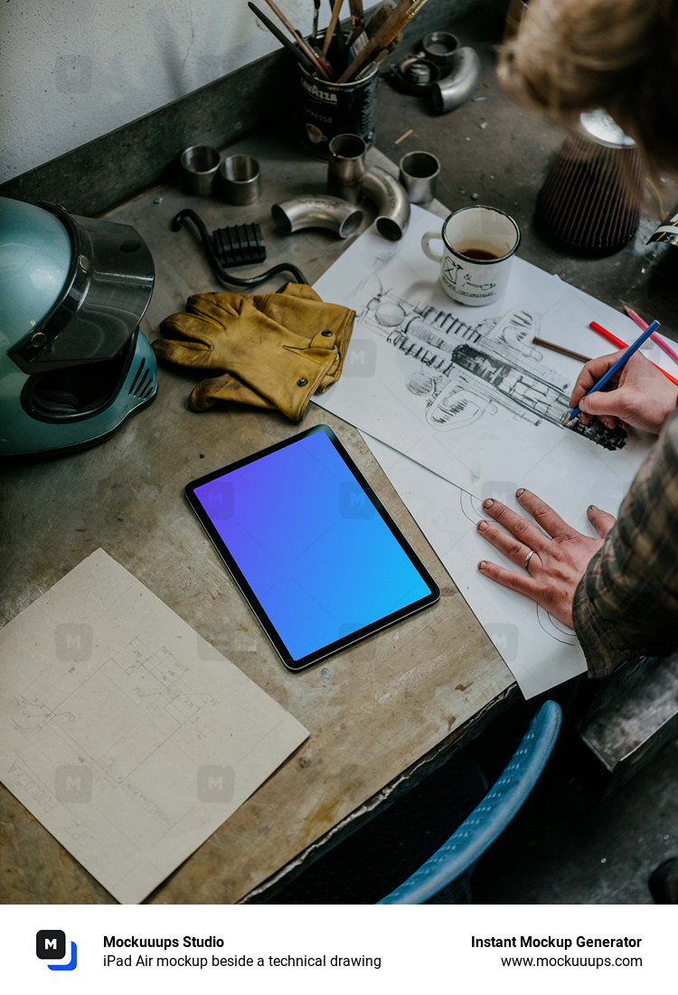 iPad Air mockup beside a technical drawing