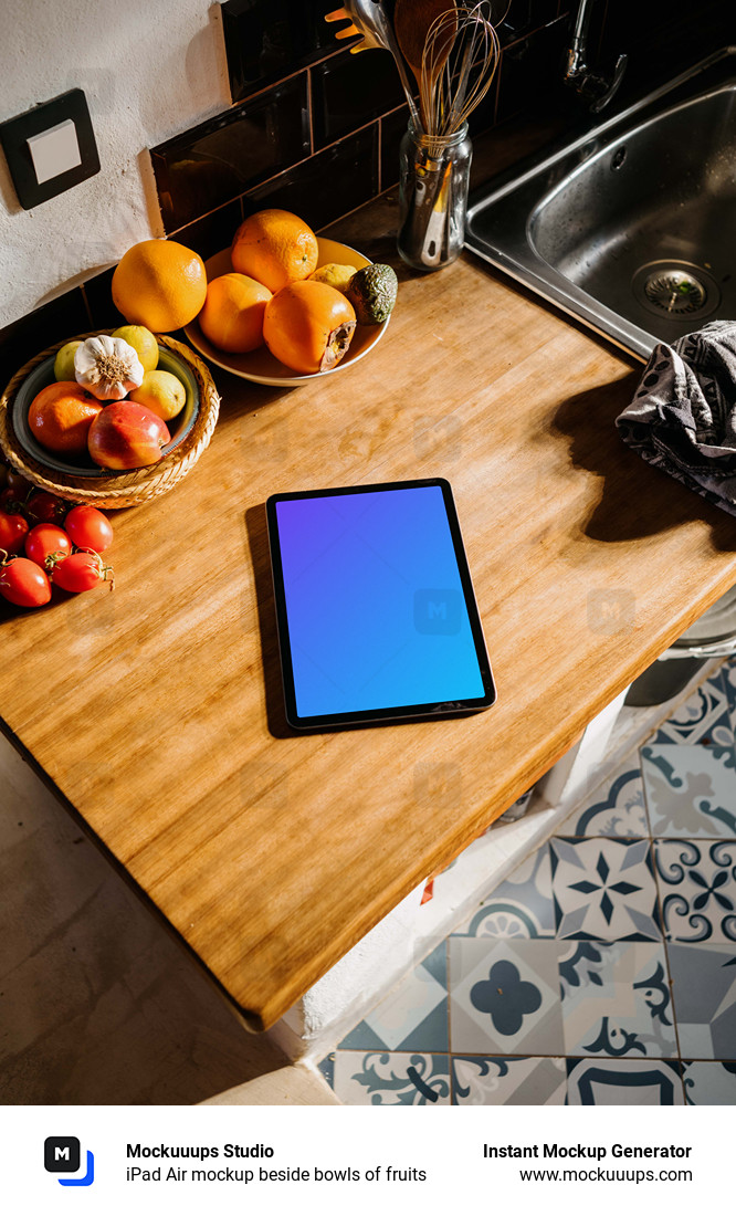 iPad Air mockup beside bowls of fruits