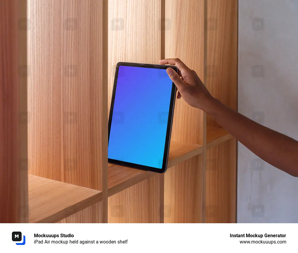 iPad Air mockup held against a wooden shelf