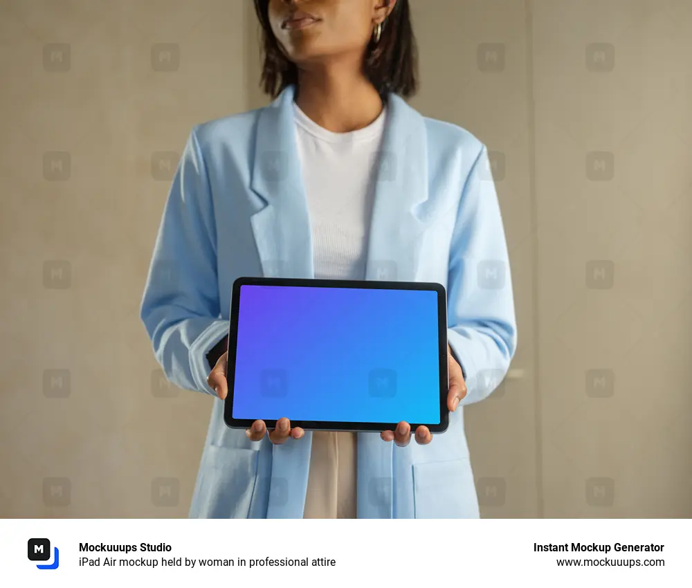 iPad Air mockup held by woman in professional attire