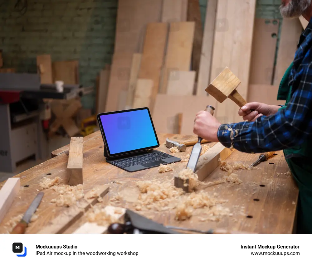 iPad Air mockup in the woodworking workshop