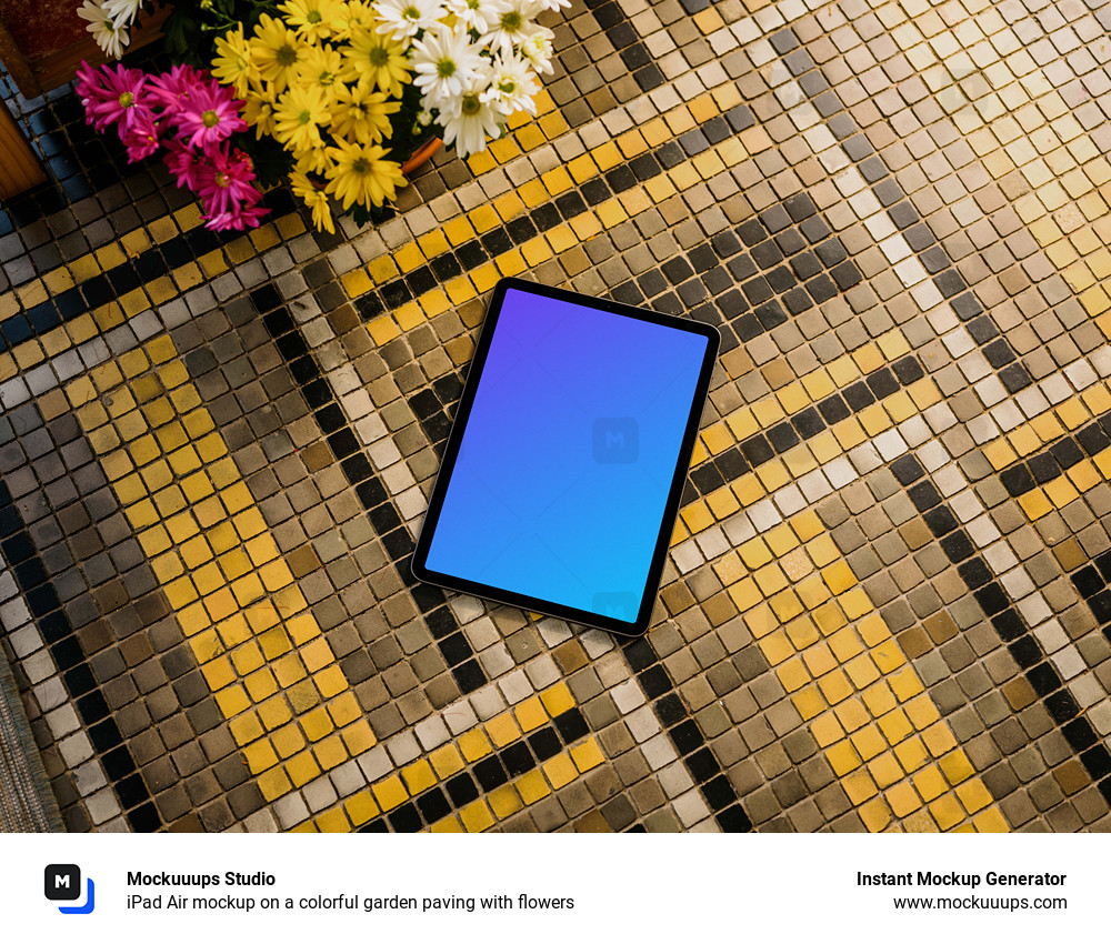 iPad Air mockup on a colorful garden paving with flowers