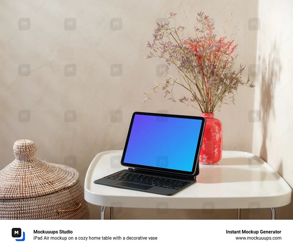 iPad Air mockup on a cozy home table with a decorative vase