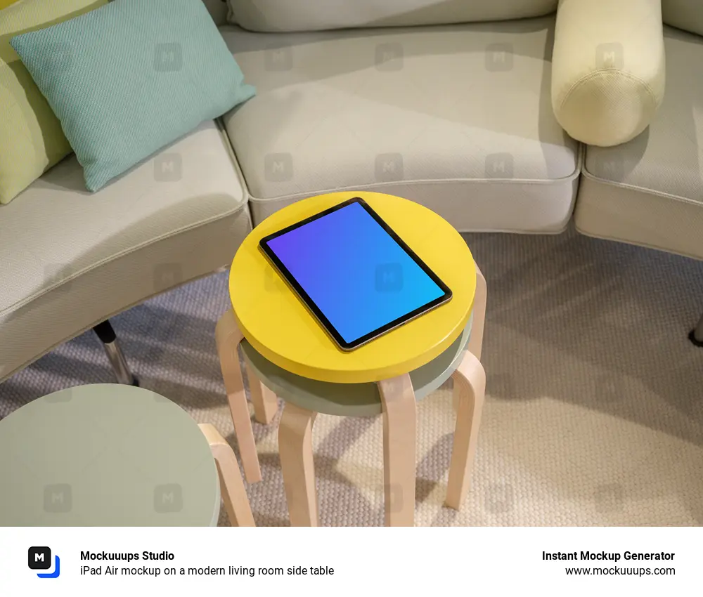 iPad Air mockup on a modern living room side table