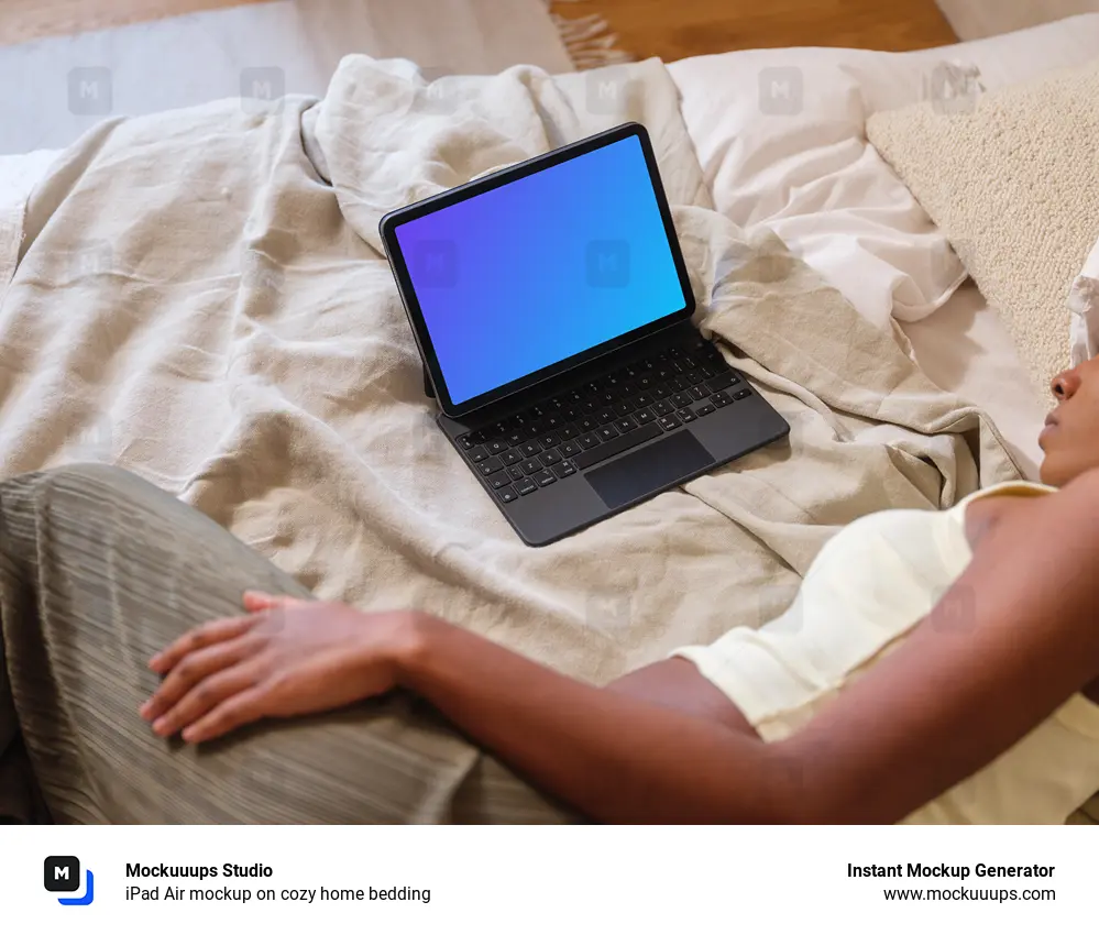 iPad Air mockup on cozy home bedding