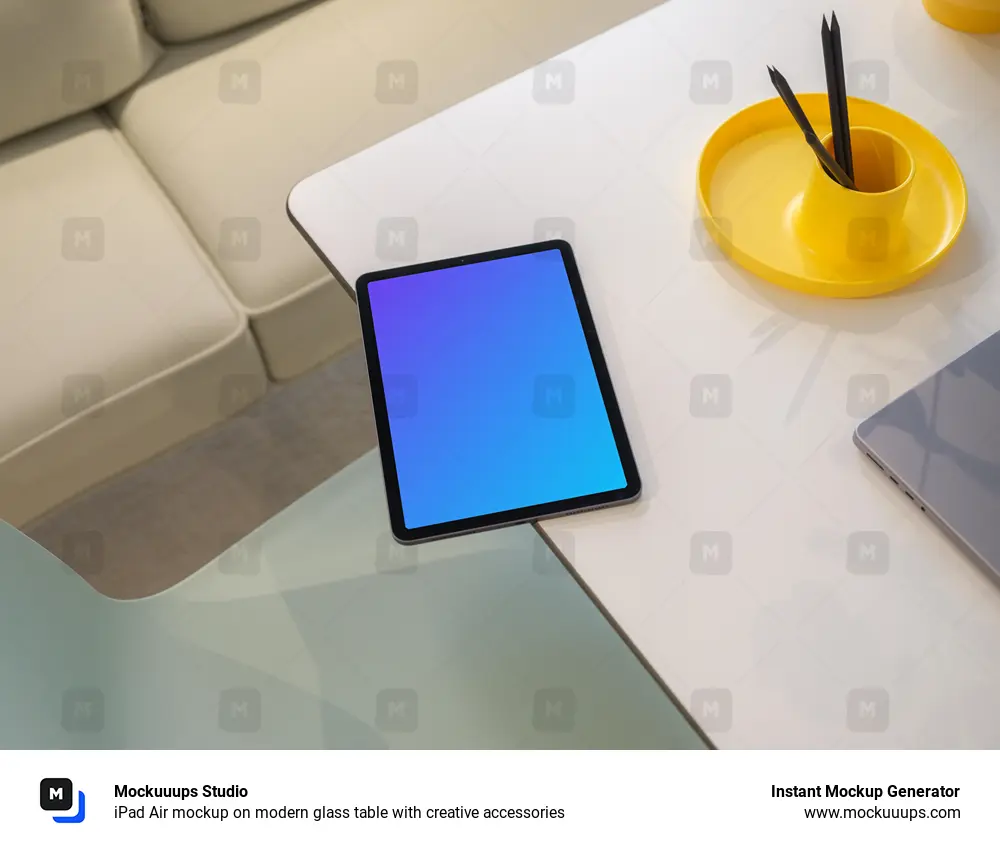 iPad Air mockup on modern glass table with creative accessories