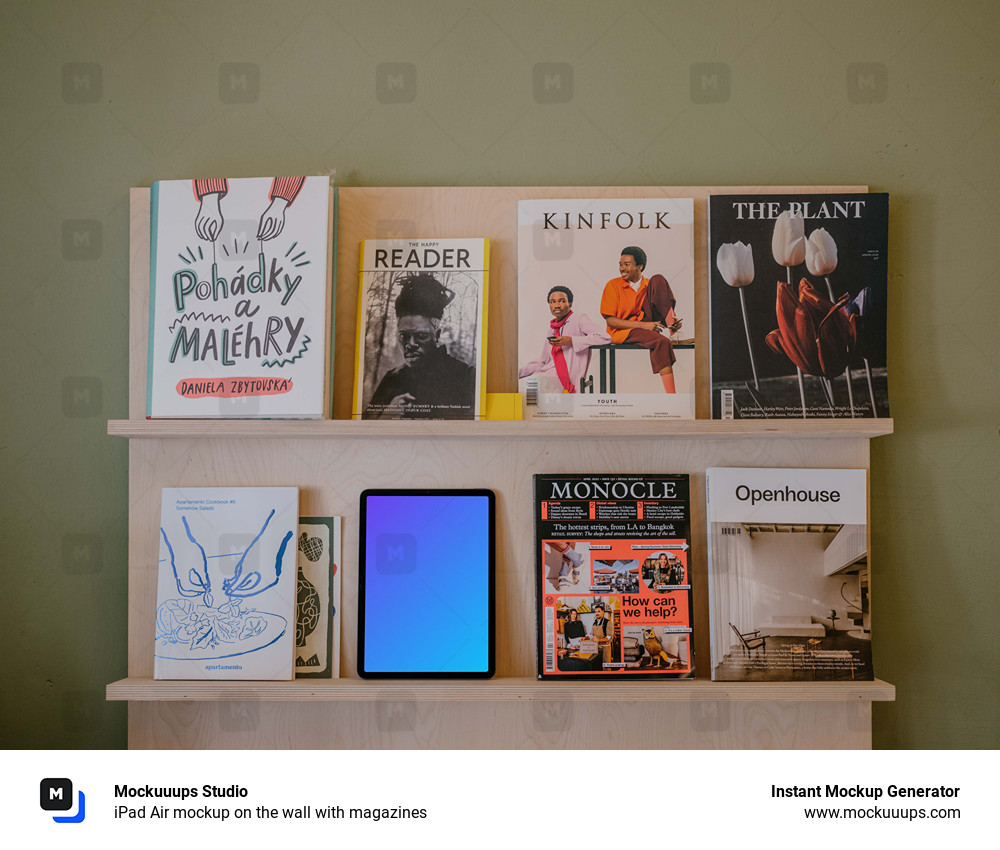 iPad Air mockup on the wall with magazines