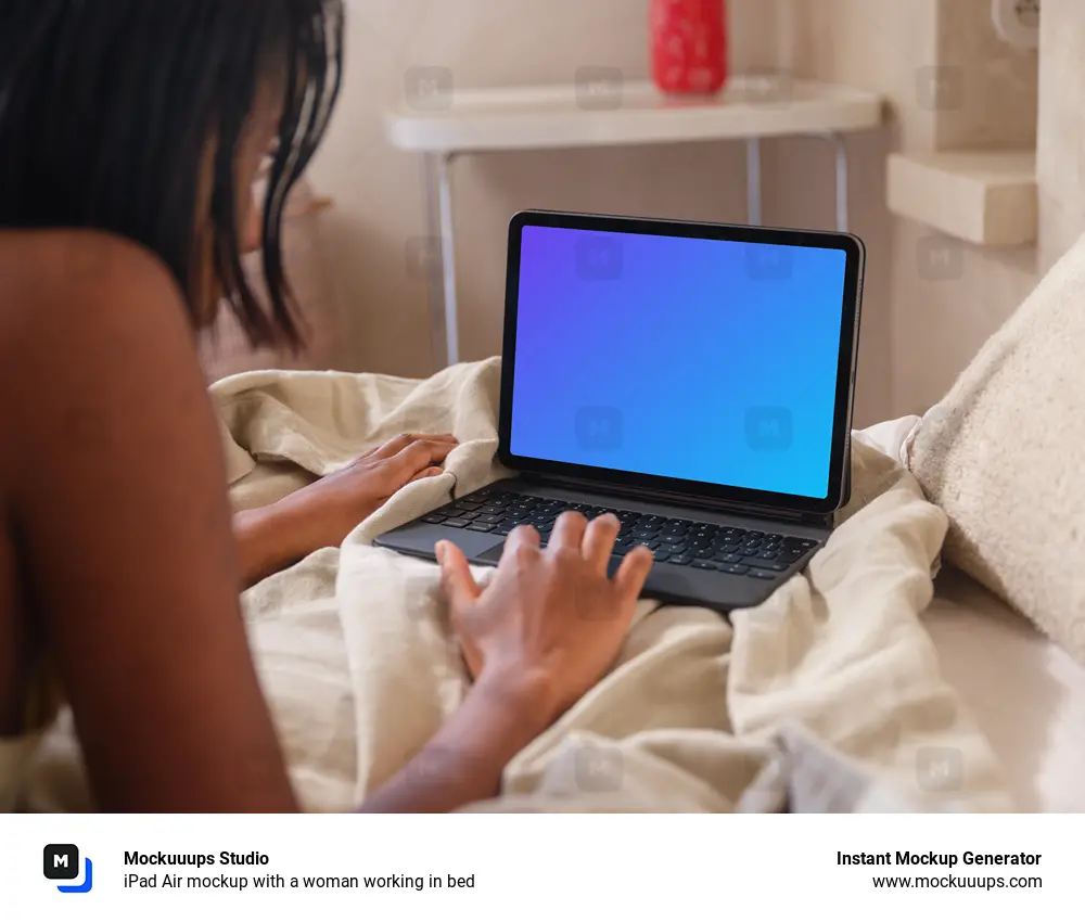 iPad Air mockup with a woman working in bed